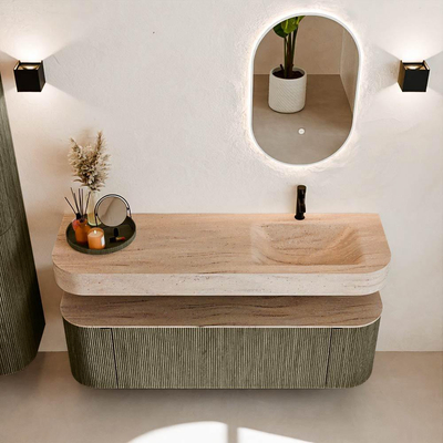 MONDIAZ THOR-DLUX 150cm meuble de salle de bains arrondi gauche + droite couleur Shadow avec 1 tiroir et 2 portes. Vasque suspendue CLOUD Droite 1 trou de robinet couleur Saba.