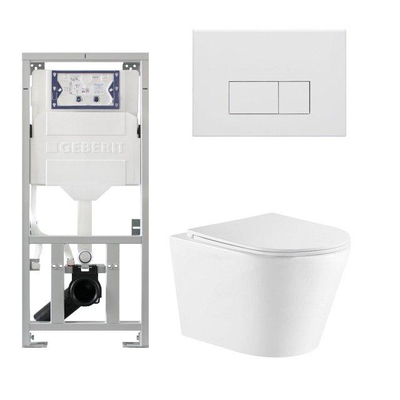 QeramiQ Dely Toiletset - 36.3x51.7cm - diepspoel - rimless - Geberit UP320 inbouwreservoir - met Burda frame - softclose toiletzitting - mat witte bedieningsplaat - rechtehoekige knoppen - wit glans