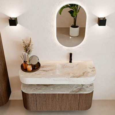 MONDIAZ THOR-DLUX 120cm meuble de salle de bains arrondi gauche + droite couleur Walnut avec 1 tiroir et 2 portes. Vasque suspendue CLOUD Droite 1 trou de robinet couleur Frappe.