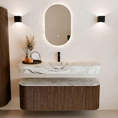 MONDIAZ THOR-DLUX 130cm badmeubel ronding links + rechts kleur Walnut met 1 lade en 2 deuren. Vrijhangende wastafel CLOUD Midden 1 kraangat kleur Glace.