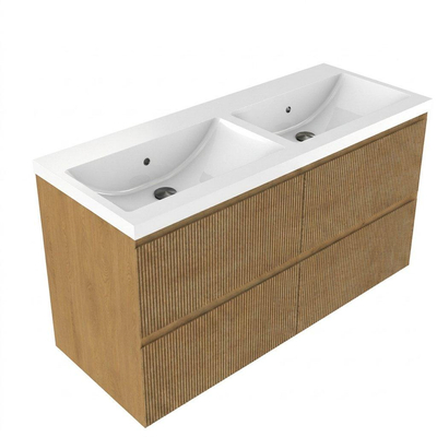 Saniclass Holz Atelier Ensemble de meubles de salle de bains - 120x45x63.5cm - Bari lavabo en céramique blanc - 2 vasques - sans trous de robinet - 2 tiroirs - chêne naturel mat (bois)