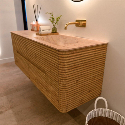 Mondiaz CIRO-DLUX Badkamermeubelset - 140x45x50cm - Solid surface wastafel Saba - 1 wasbak Rechts - zonder kraangaten - 4 lades - Oak