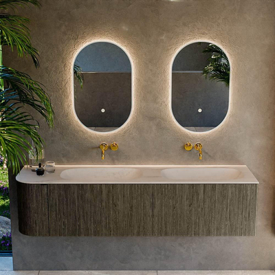 MONDIAZ KURVE-DLUX 175cm meuble de salle de bains arrondi Gauche couleur Shadow avec 2 tiroirs et 1 porte. Lavabo STOR SMALL Double / Droite sans trou de robinet Meli.