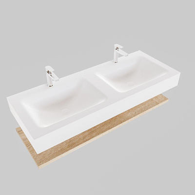 MONDIAZ ALAN 120cm - Ensemble de meuble de salle de bains - étagère - chêne blanchi - lavabo suspendu - 2 vasques - 2 trous de robinet - talc