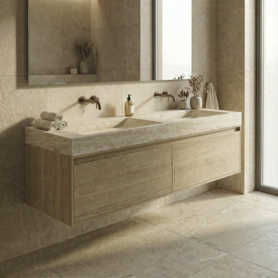 Forzalaqua Ibiza Ensemble meuble de salle de bains - 140x50x50cm - 2 tiroirs - lavabo en travertin - sans trou de robinet - jeu de supports - bouchon de vidage - smoke