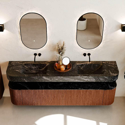 MONDIAZ THOR-DLUX 200cm meuble de salle de bains arrondi gauche + droite couleur Ruby avec 2 tiroirs et 2 portes. Vasque suspendue CLOUD Double sans trou de robinet couleur Lava.