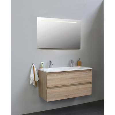 Basic Bella Meuble salle de bains avec lavabo acrylique Blanc 100x55x46cm 2 trous de robinet avec miroir et éclairage Chêne