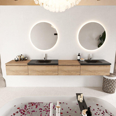 MONDIAZ BUKLA 280cm ensemble de meuble avec module 60 à droite couleur Chêne blanchi avec 4 tiroirs. Lavabo CLOUD double 2 trous de robinet couleur Urbaine.