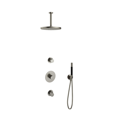 Hotbath Cobber IBS20 Ensemble de douche pluie encastré - bras de plafond 15 cm - douche de tête ronde 30 cm - douchette à main stick - nickel brossé