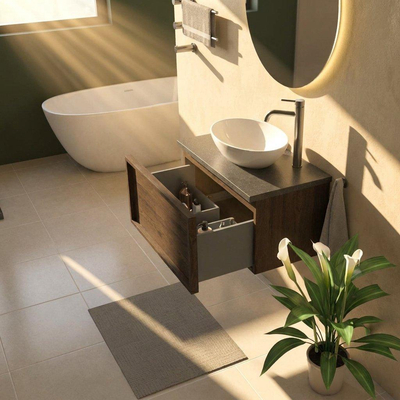 Saniclass Holz Frame Ensemble meuble de salle de bains - 80x45x43cm - Plan vasque en basalte Noche poli (noir) - 1 trou de robinetterie - 1 tiroir - chêne charcoal mat (bois)