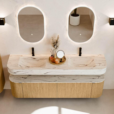 MONDIAZ THOR-DLUX 180cm badmeubel ronding links + rechts kleur Oak met 2 lades en 2 deuren. Vrijhangende wastafel CLOUD Dubbel 2 kraangaten kleur Nata.