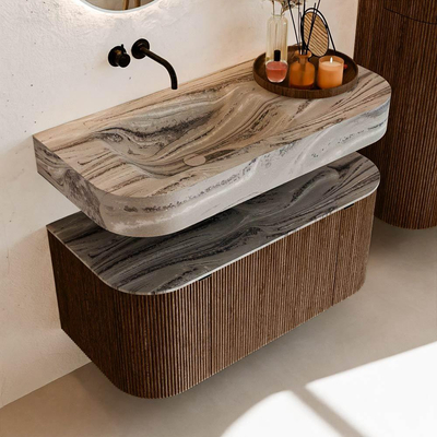 MONDIAZ THOR-DLUX 100cm badmeubel ronding links + rechts kleur Walnut met 1 lade en 2 deuren. Vrijhangende wastafel CLOUD Links zonder kraangat kleur Sombra.
