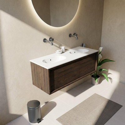 Saniclass Holz Frame Ensemble meuble de salle de bains - 120x45x54cm - lavabo Chaci en céramique blanc - 2 vasques - sans trous de robinetterie - 1 tiroir - chêne charcoal mat (bois)