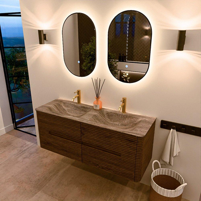 Mondiaz CIRO-DLUX Badkamermeubelset - 130x45x50cm - Solid surface wastafel Oza - 2 wasbak Dubbel - 2 kraangaten - 4 lades - Dusk