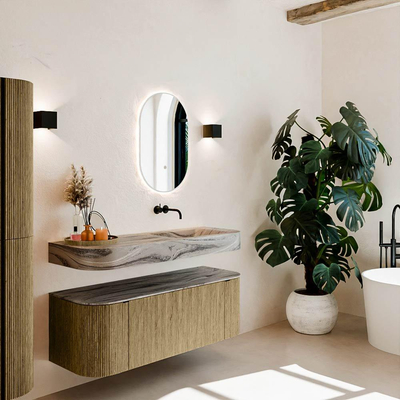 MONDIAZ THOR-DLUX 130cm meuble de salle de bains arrondi gauche + droite couleur Dusk avec 1 tiroir et 2 portes. Vasque suspendue CLOUD droite sans trou de robinet couleur Sombra.