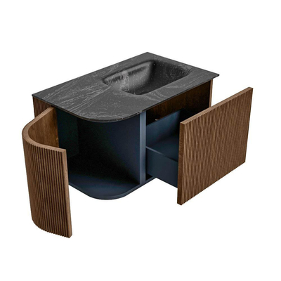 MONDIAZ KURVE-DLUX 75cm Meuble salle de bain avec module 25 G - couleur Walnut - 1 tiroir - 1 porte - vasque GRUNNE droite - sans trou de robinet - couleur Lava