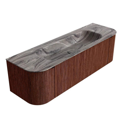 MONDIAZ KURVE-DLUX Meuble de salle de bains 150cm arrondi Gauche + Droite couleur Ruby avec 1 tiroir et 2 portes. Lavabo BIG MEDIUM Central 1 trou de robinet Sombra.