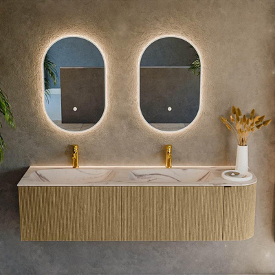 MONDIAZ KURVE-DLUX 165cm badmeubel ronding Rechts kleur Dusk met 2 lades en 1 deur. Wastafel STOR SMALL Dubbel / Links 2 kraangaten Nata.