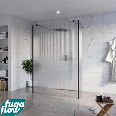 FugaFlow Eccelente Vetro Douche à l'italienne - 140x200cm - verre clair nervuré - anticalcaire - verre de sécurité 8mm - 2 parois latérales 40cm - avec bras muraux et profilés d'angle - Noir mat