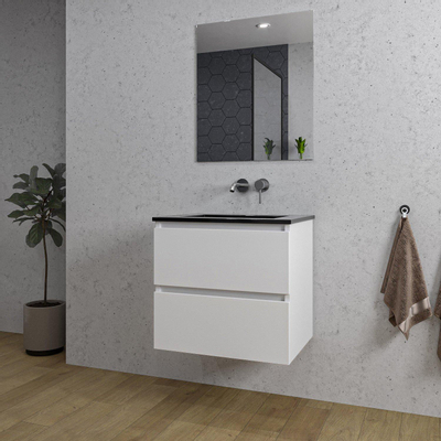 Saniclass Chaci Meuble de salle de bain - 60x46x55cm - lavabo en céramique noir - 1 vasque - sans trou de robinet - 2 tiroirs - miroir rectangulaire - blanc mat
