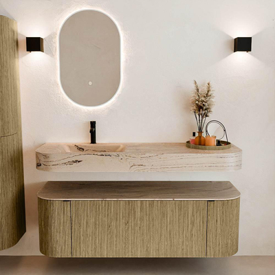 MONDIAZ THOR-DLUX Meuble de salle de bains 140cm arrondi gauche + droite couleur Dusk avec 1 tiroir et 2 portes. Vasque suspendue CLOUD Gauche 1 trou de robinet couleur Arena.