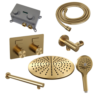 Brauer Gold Edition douche thermostatique à effet pluie avec bouton poussoir 56 30cm pommeau de douche bras mural droit 3 positions douche à main flexible de douche raccord mural coude doré brossé pvd