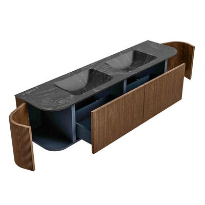 MONDIAZ KURVE-DLUX 180cm Meuble salle de bain avec module 25 G et D - couleur Walnut - 2 tiroirs - 2 portes - vasque LEAF double - 2 trous de robinet - couleur Lava