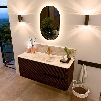 Mondiaz CIRO-DLUX Badkamermeubelset - 120x45x50cm - Solid surface wastafel Frappe - 1 wasbak Midden - 1 kraangat - 2 lades - Walnut