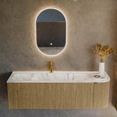 Mondiaz KURVE-DLUX Badkamermeubelset - 145x46x40cm - 1 lade - 1 deur - wastafel solid surface - links - 1 kraangat - Dusk