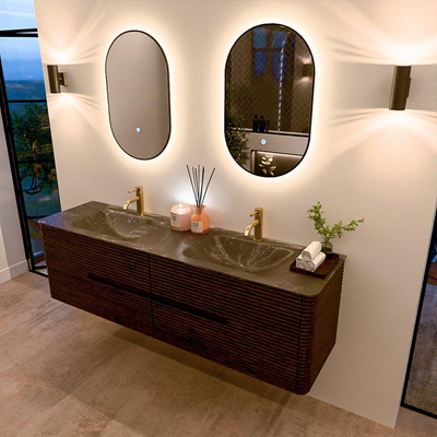Mondiaz CIRO-DLUX Ensemble de meuble de salle de bains - 170x45x50cm - Lavabo solid surface Lava - 2 vasques Double - 2 trous de robinetterie - 4 tiroirs - Noyer