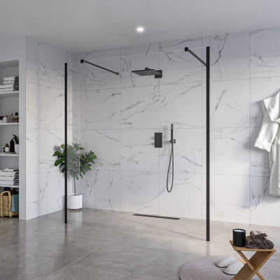 Fortifura Galeria Vrijstaande Inloopdouche - 180x200cm - helder - antikalk - 8mm veiligheidsglas - 2 zijwanden - 40cm - wandsteunen en hoekprofielen - mat zwart
