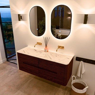 Mondiaz CIRO-DLUX Meuble de salle de bains - 130x45x50cm - Plan vasque en solid surface Nata - 2 lavabos double - sans trous de robinetterie - 4 tiroirs - Ruby