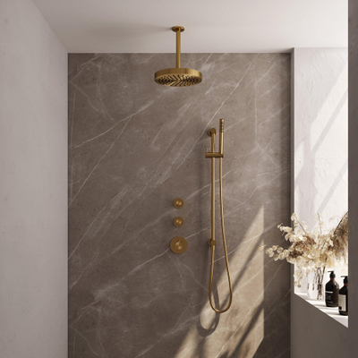 BRAUER Stripe Thermostatische Inbouw Regendouche - SET 09 - 25cm douchekop - plafondarm - staaf handdouche - doucheslang - geïntegreerde glijstang - goud geborsteld PVD