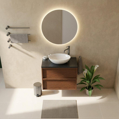 Saniclass Holz Frame Ensemble de meubles de salle de bains - 80x45x63cm - Plan vasque en basalte Noche poli (noir) - 1 trou de robinet - 2 tiroirs - walnut pure mat (bois)