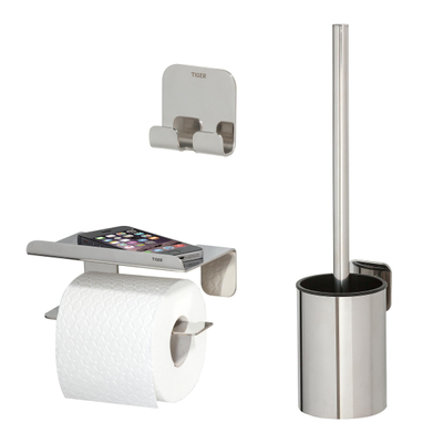 Tiger Colar Ensemble d’accessoires pour toilettes - porte-rouleau de papier toilette - avec tablette - porte-brosse de toilette - patère - autoadhésif - acier inoxydable poli
