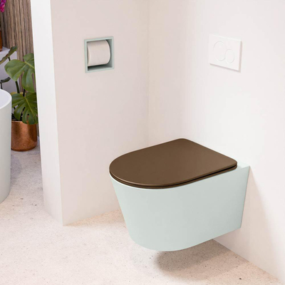 Mondiaz LAVIE hangtoilet – spoelrandloos – 36 x 53 cm – met softclose zitting – Greey (lichtgroen/grijs), zitting Rust (bruin)