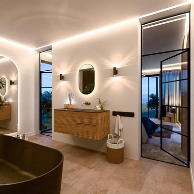 Mondiaz CIRO-DLUX Meuble de salle de bains - 120x45x50cm - lavabo solid surface Lava - 1 vasque centrale - sans trous de robinet - 2 tiroirs - Chêne