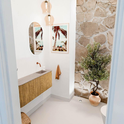 Mondiaz JOYA-DLUX 101.6cm meuble de salle de bains - arrondi gauche couleur Chêne - Vasque FAYE position Droite Sans trou de robinet couleur Saba.