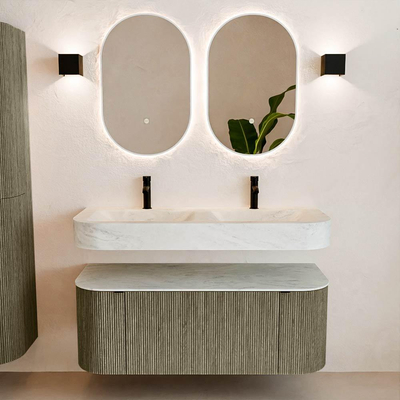 MONDIAZ THOR-DLUX 120cm meuble de salle de bains arrondi gauche + droite couleur Shadow avec 1 tiroir et 2 portes. Vasque suspendue CLOUD Double 2 trous de robinet couleur Opalo.