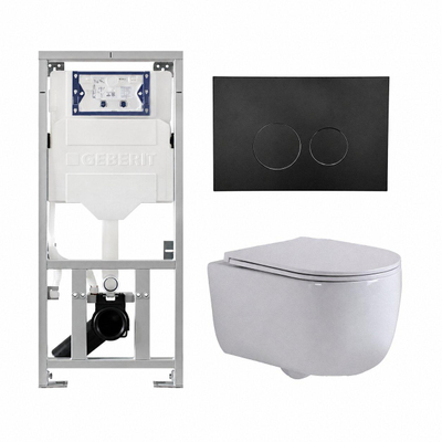 QeramiQ Dely Swirl Toiletset - 36.3x51.7cm - diepspoel - rimless - Geberit UP320 inbouwreservoir - met Burda frame - slim zitting - mat zwarte metalen bedieningsplaat - ronde knoppen - mat wit