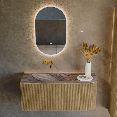 MONDIAZ KURVE-DLUX meuble de salle de bains 105 cm arrondi à droite couleur Dusk avec 1 tiroir et 1 porte. Lavabo BIG SMALL à gauche sans trou de robinet Sombra.