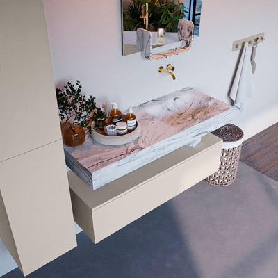 Mondiaz ALAN-DLUX Ensemble de meuble - 120cm - meuble Linen mat - 1 tiroir - Lavabo Cloud Glace suspendu - vasque Droite - 0 trous de robinet