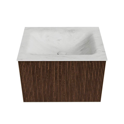 MONDIAZ KURVE-DLUX Meuble de salle de bains 60cm couleur Walnut avec 1 tiroir. Lavabo CLOUD centré 1 trou de robinet couleur Opalo.