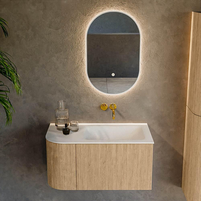 MONDIAZ KURVE 85cm Meuble salle de bain avec module 25 G - couleur Oak - 1 tiroir - 1 porte - vasque CLOUD droite - sans trous de robinet - Talc