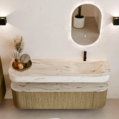 MONDIAZ THOR-DLUX 160cm meuble de salle de bains arrondi gauche + droite couleur Dusk avec 1 tiroir et 2 portes. Vasque suspendue CLOUD droite 1 trou de robinet couleur Nata.