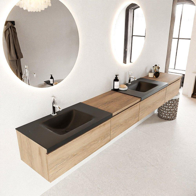 Mondiaz BUKLA badkamermeubelset 280x45x34cm 2 kraangaten 2 wasbakken solid surface Urban greeploos 4 lades met softclose Melamine Washed Oak