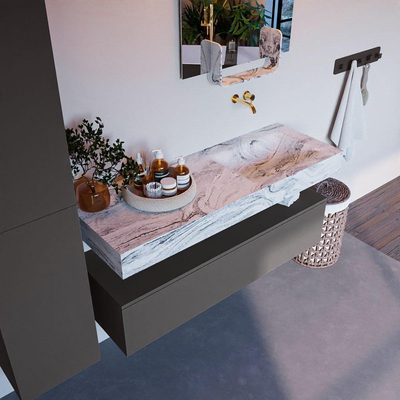 Mondiaz ALAN-DLUX Ensemble de meuble - 130cm - meuble Dark grey mat - 1 tiroir - Lavabo Cloud Glace suspendu - vasque Droite - 0 trous de robinet