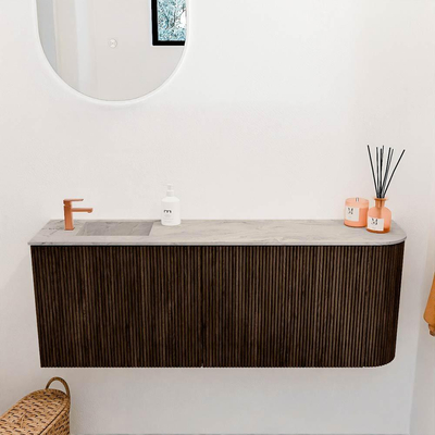 Mondiaz JOYA-DLUX 111.6cm toiletmeubel - ronding rechts kleur Walnut - Wastafel FAYE positie Links 1 kraangat kleur Glace.