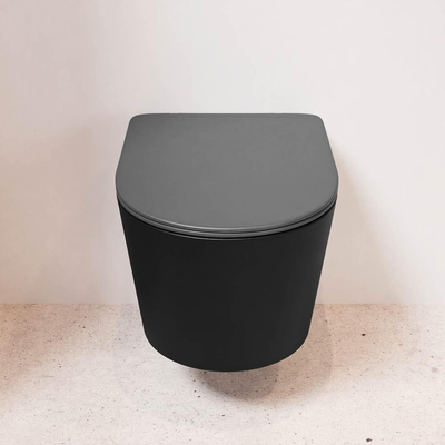 Mondiaz LAVIE hangtoilet – spoelrandloos – 36 x 53 cm – met softclose zitting – Urban (zwart), zitting Dark grey (grijs)