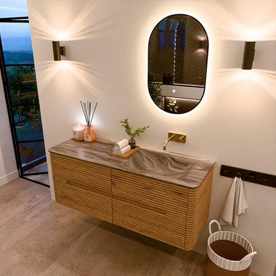 Mondiaz CIRO-DLUX Ensemble de meubles de salle de bains - 130x45x50cm - Plan vasque solid surface Sombra - 1 vasque à droite - sans trous pour robinet - 4 tiroirs - Chêne